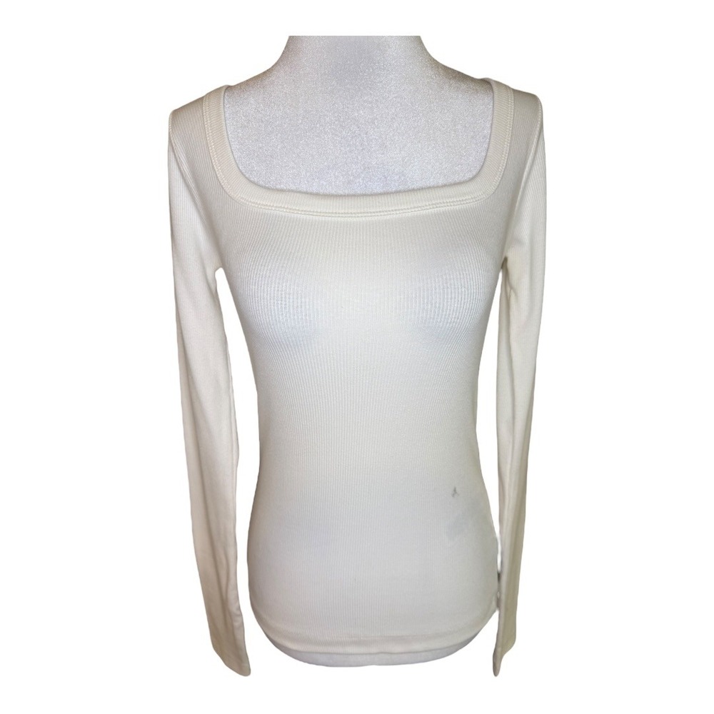 Topshop Square Neck Top Cream Ribbed Long Sleeve Fitted Basic Blouse Size US 4-6